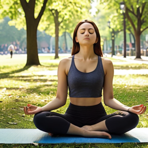 Home 15 **
A serene individual practicing mindfulness meditation in a park during their lunch break. They're sitting cross-legged on a yoga mat, eyes closed, with a peaceful expression. Sunlight filters through the leaves of the trees surrounding them. The overall scene conveys calmness and mental clarity amidst a busy cityscape visible in the background.
**