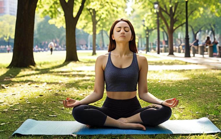 **
A serene individual practicing mindfulness meditation in a park during their lunch break. They're sitting cross-legged on a yoga mat, eyes closed, with a peaceful expression. Sunlight filters through the leaves of the trees surrounding them. The overall scene conveys calmness and mental clarity amidst a busy cityscape visible in the background.
**